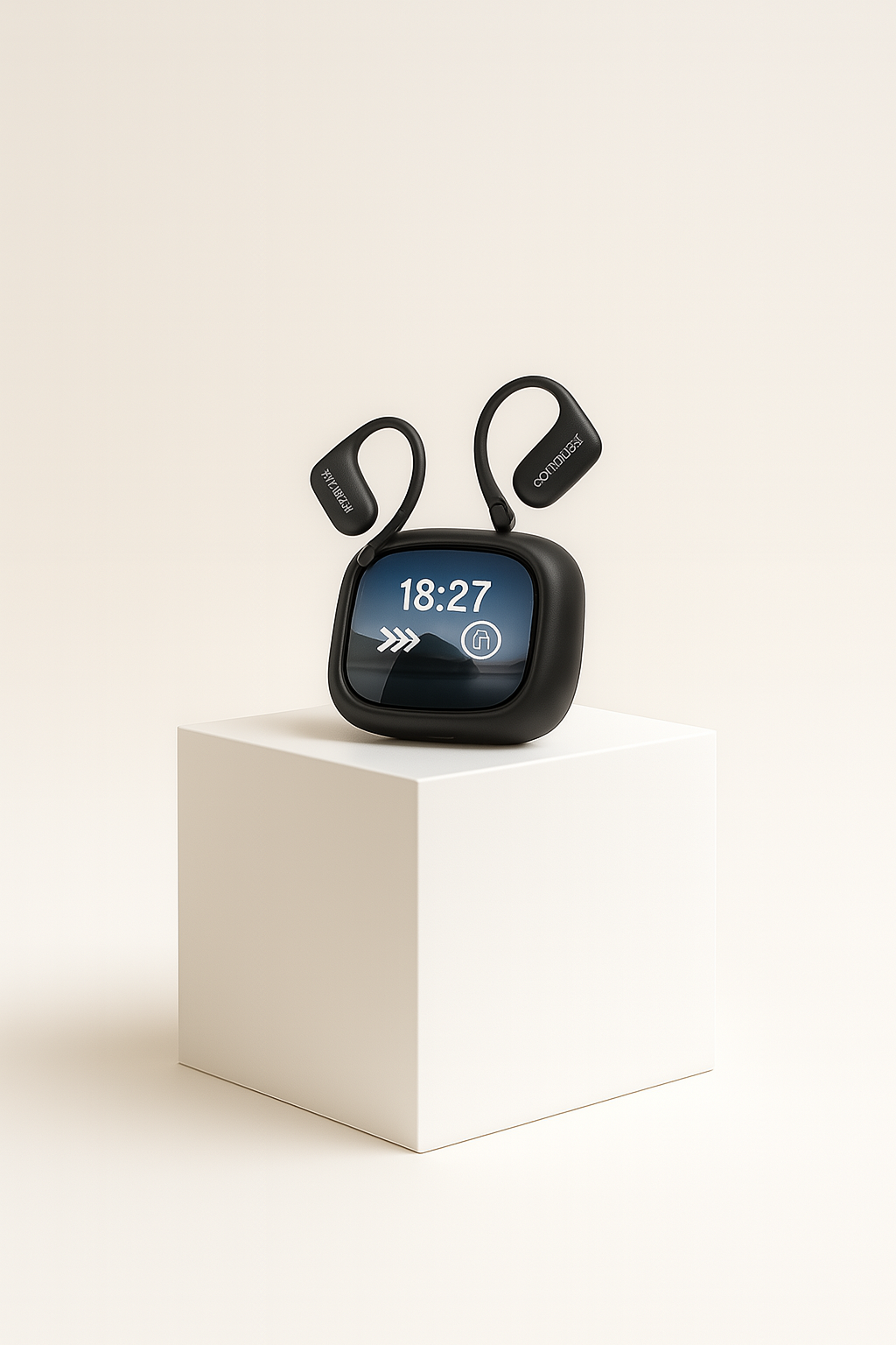 Smartwatch with earbuds on a white cube against a beige background